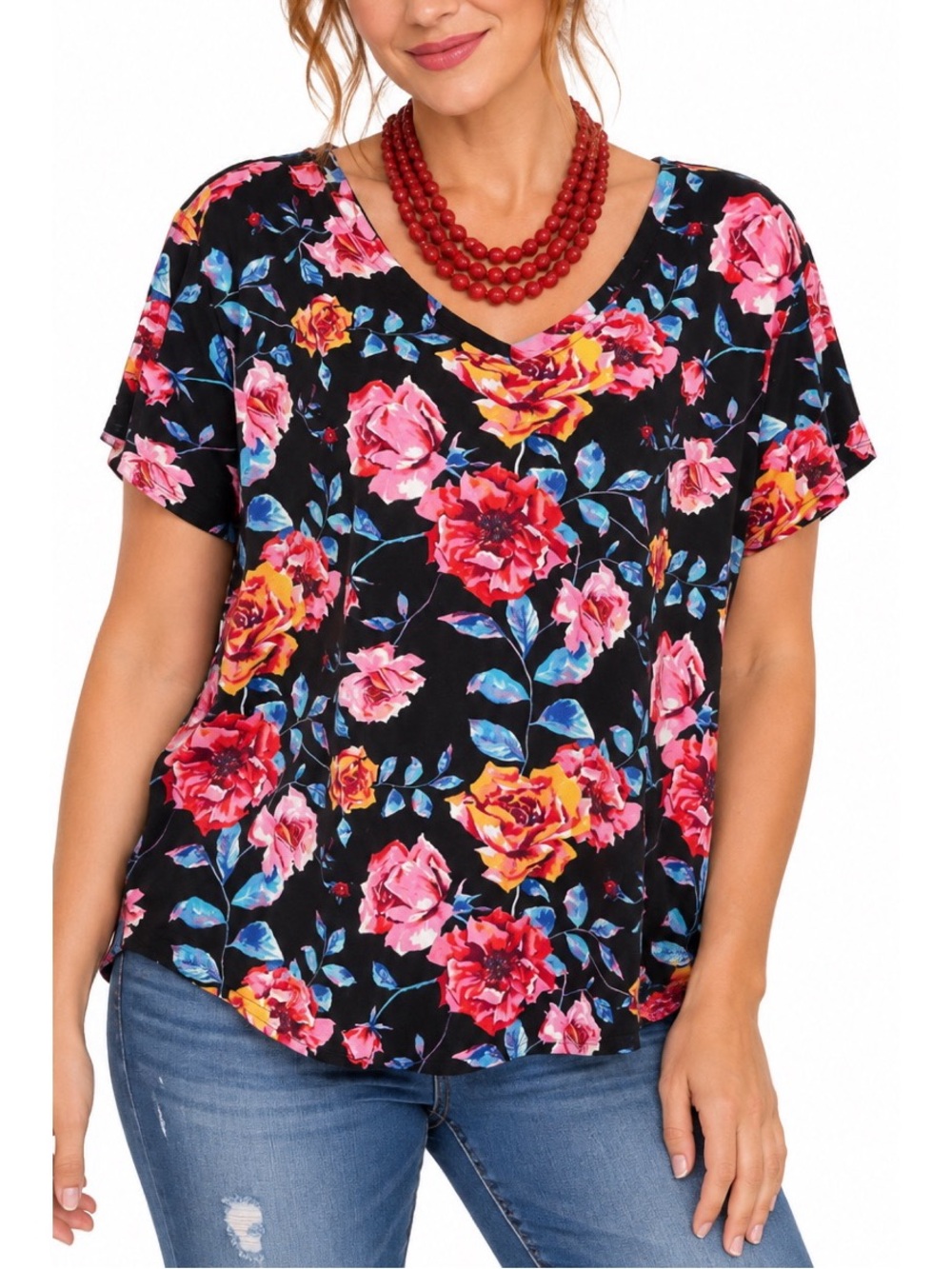 Pioneer Woman beautiful black floral V-neck top, vibrant all-over print